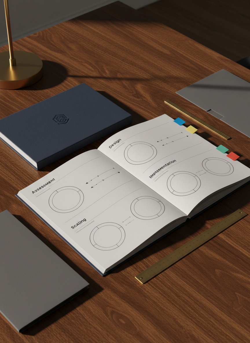 A premium digital playbook laid open on a dark oak table, displaying meticulously designed pages with section dividers labeled “Assessment,” “Design,” “Implementation,” and “Scaling” in modern typography, accompanied by simplified diagrams and timelines. The playbook has a textured navy cover, visible beneath the open pages, with a subtle embossed geometric logo. Around it lie a thin metal ruler, color-coded page markers, and a closed slate-gray folder, all arranged with precise spacing. Warm, directional light from a nearby desk lamp creates soft, elongated shadows and gentle highlights on the paper fibers. Photographic realism, captured from a slightly elevated angle, establishes an atmosphere of disciplined planning, structure, and high-touch digital consultancy.