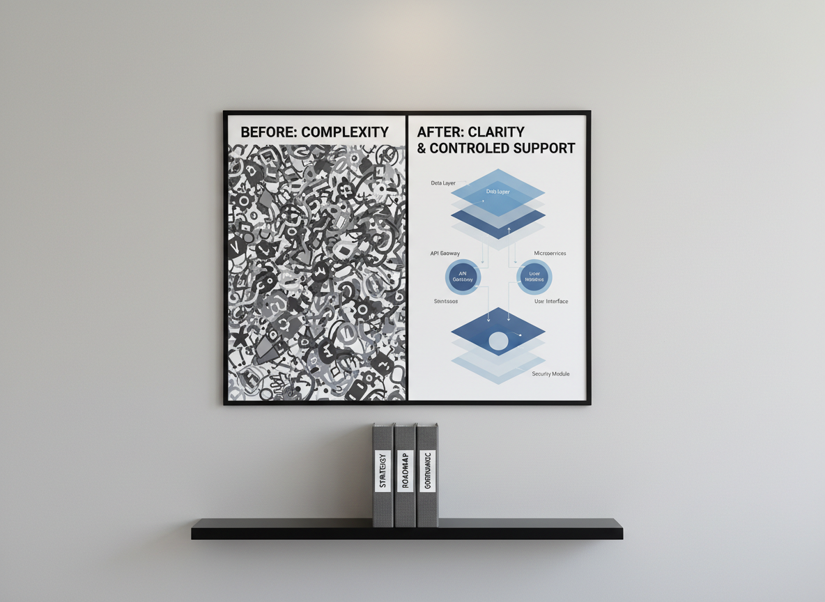A detailed before-and-after transformation board mounted on a light grey wall: on the left, a large printed poster showing a chaotic, overlapping web of arrows and unstructured icons in muted gray tones; on the right, a corresponding poster displaying a clean, layered digital ecosystem diagram with clearly labeled components in refined blues and whites. A slim black shelf beneath holds neatly stacked binders with subtle labels like “Strategy,” “Roadmap,” and “Governance.” Soft, diffused studio lighting evenly illuminates the scene, minimizing harsh shadows and emphasizing clarity. Photographic realism with a straight-on, eye-level composition, capturing the calm, professional mood of structured progress from complexity to controlled, premium digital support.